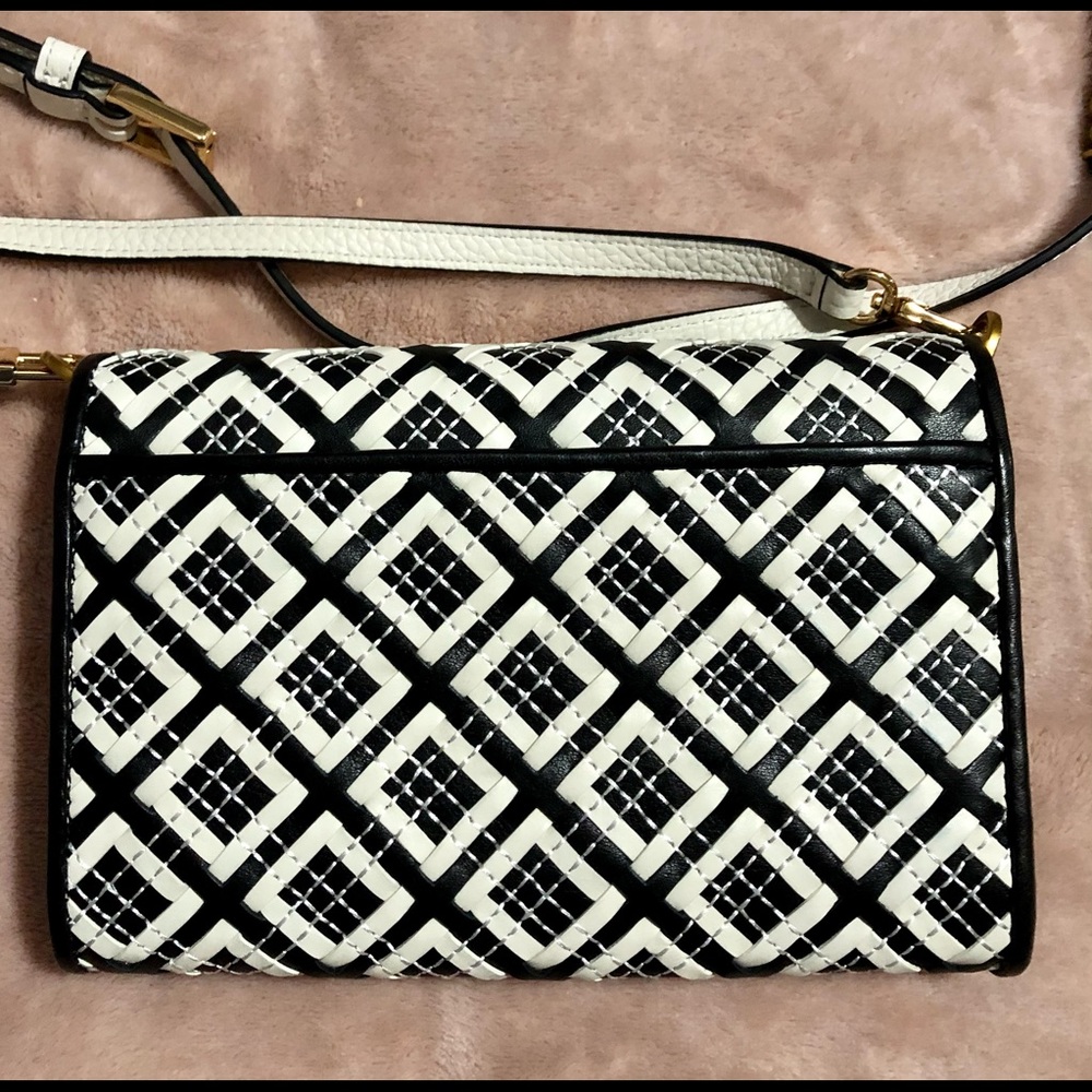 NWT Tory Burch Robinson Woven White & Black Leather Combo Purse Handbag - Picture 8 of 10